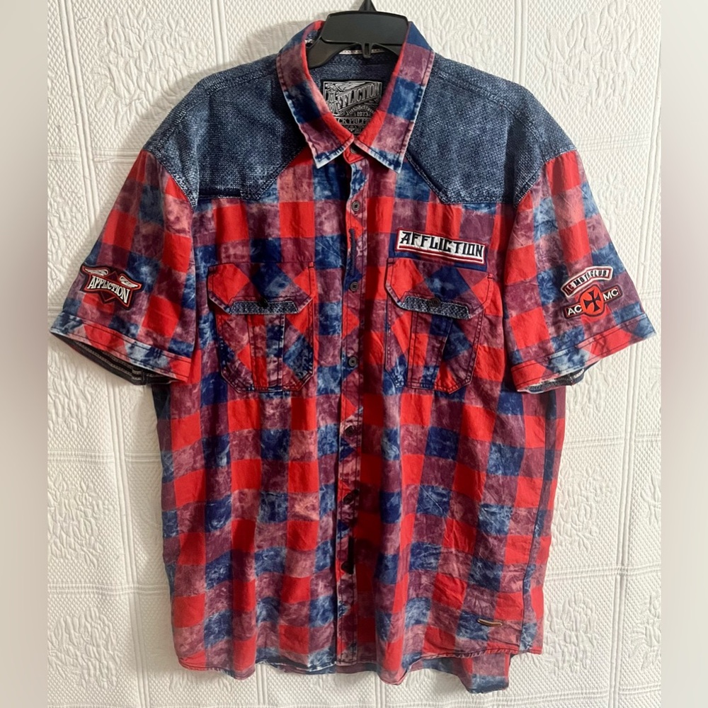 Vintage Y2K Affliction Red Blue Casual Button Down Shirt Size 2XL